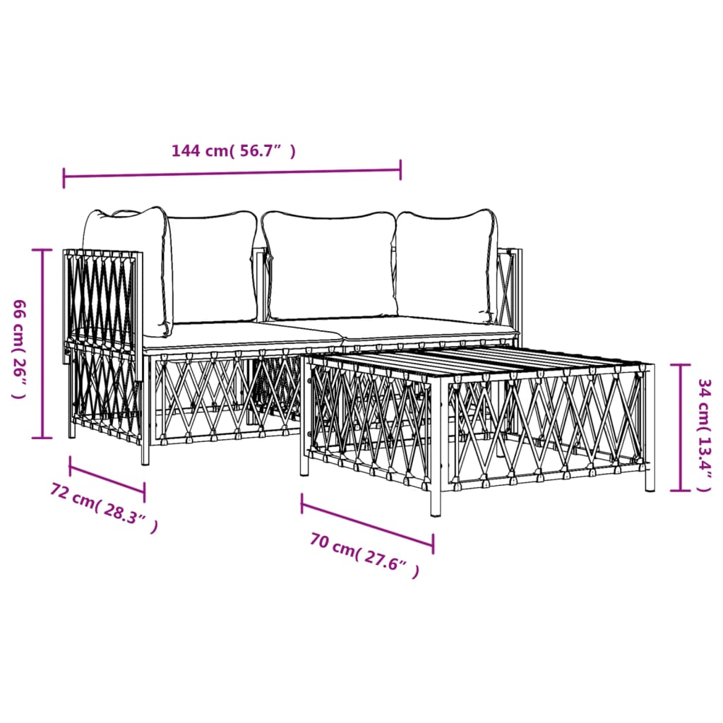 3-delige Loungeset met kussens staal wit