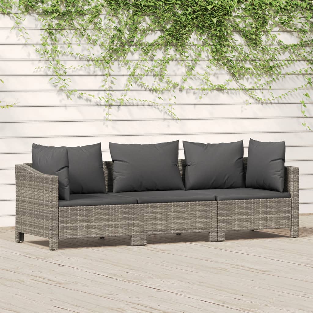 3-delige Loungeset met kussens poly rattan grijs