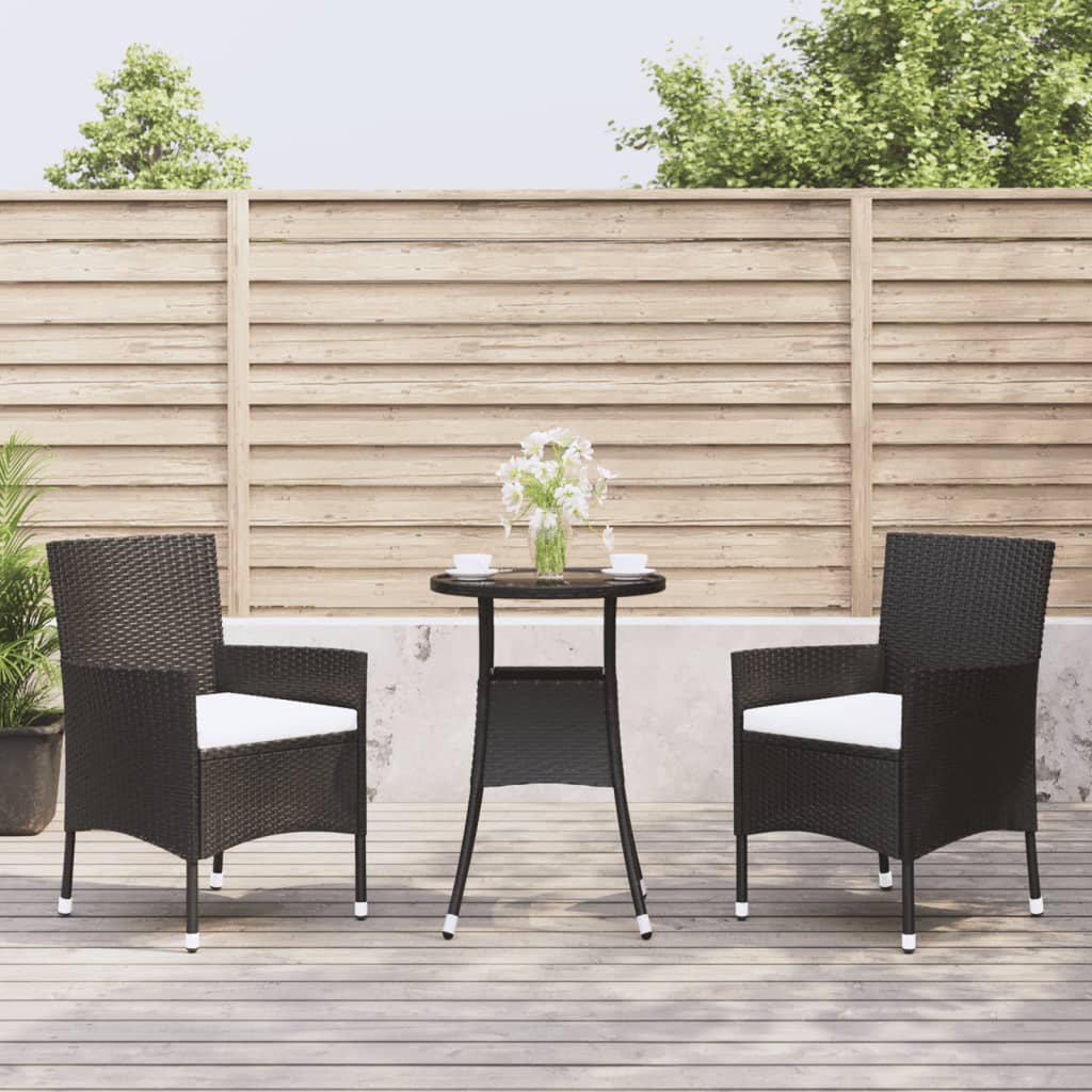 3-delige Bistroset met kussens poly rattan zwart