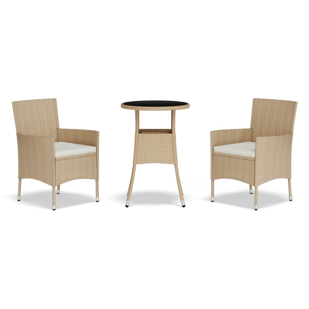 3-delige Bistroset met kussens poly rattan beige