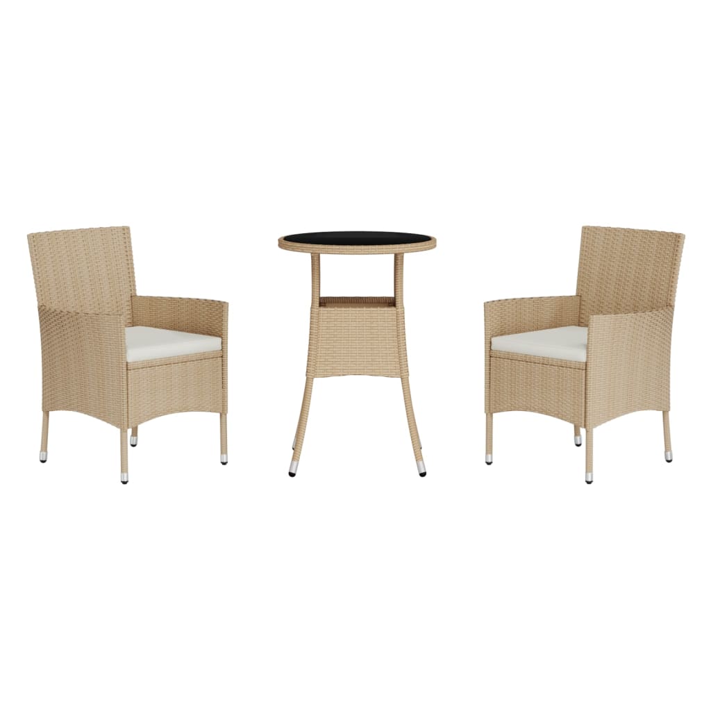 3-delige Bistroset met kussens poly rattan beige