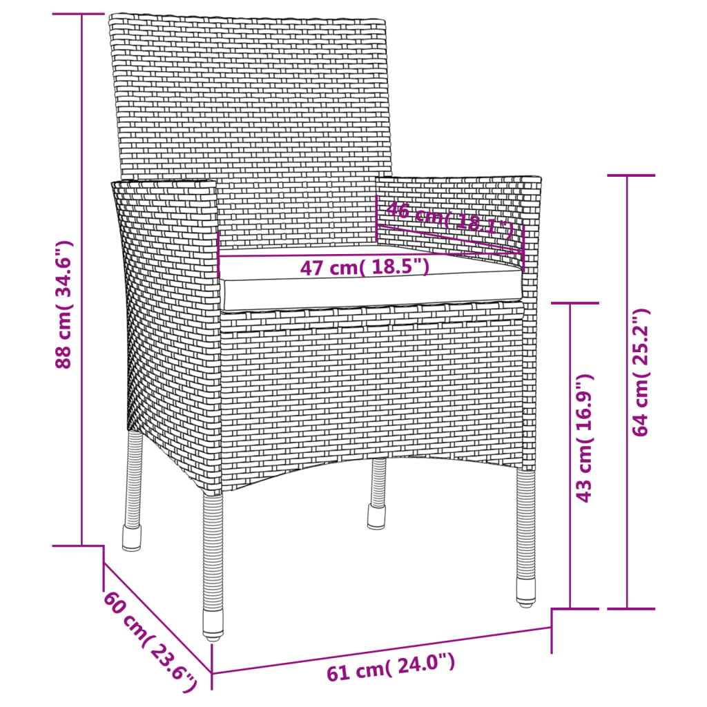 3-delige Bistroset met kussens poly rattan beige