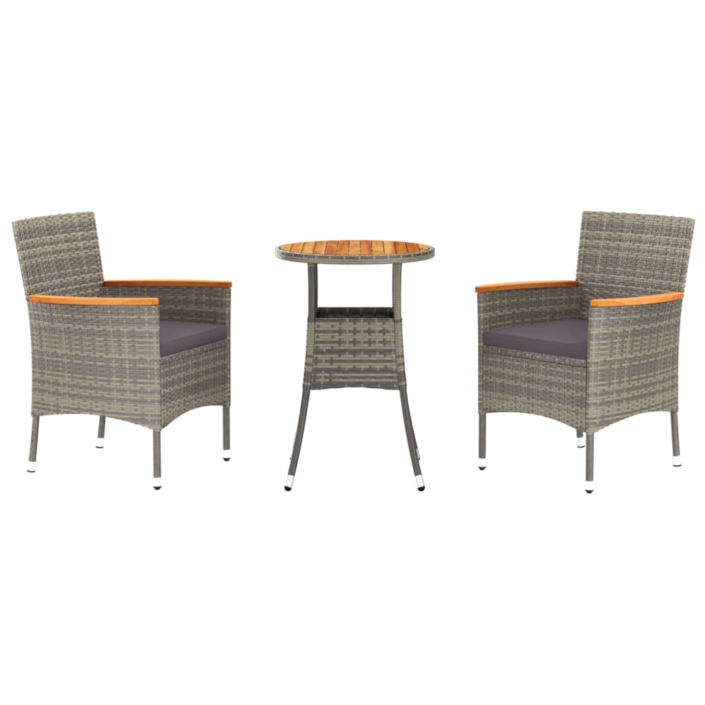 3-delige Bistroset met kussens poly rattan grijs