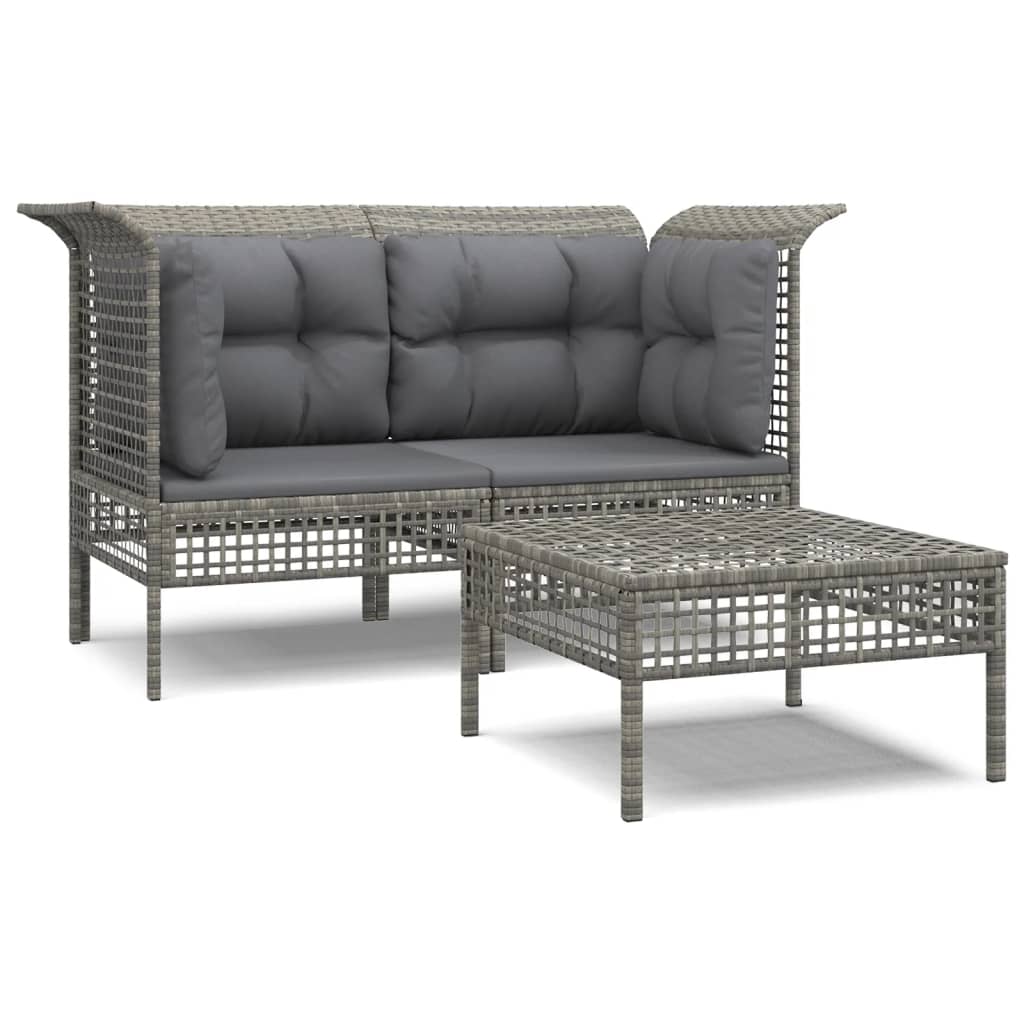 3-delige Loungeset met kussens poly rattan grijs