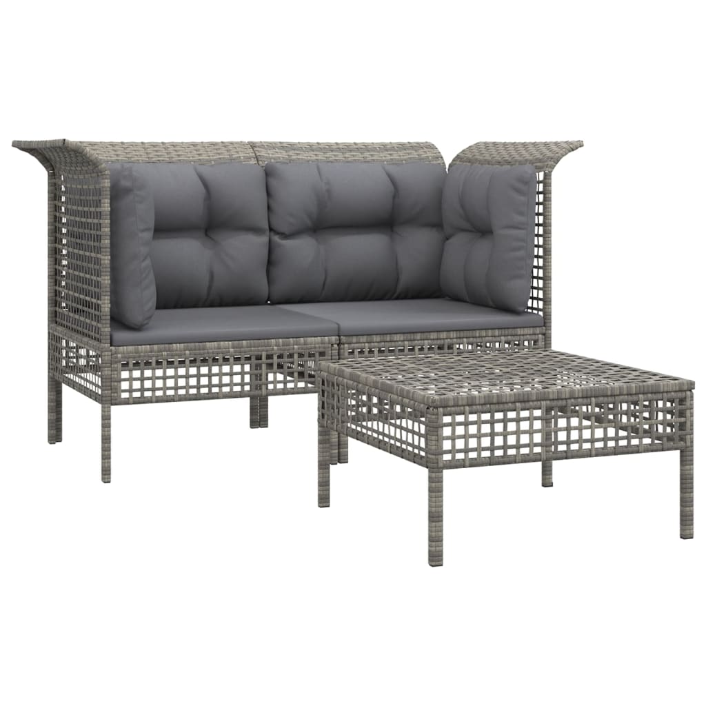 3-delige Loungeset met kussens poly rattan grijs