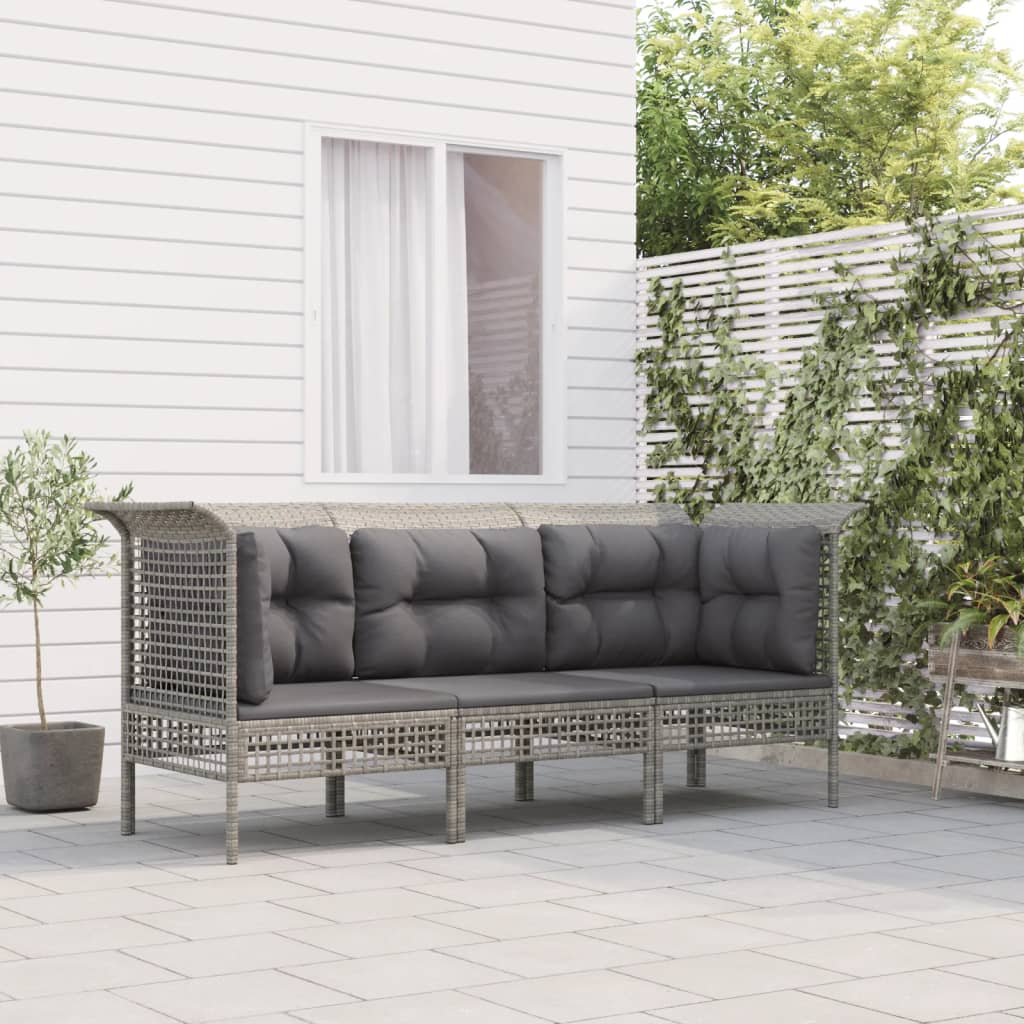 3-delige Loungeset met kussens poly rattan grijs