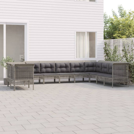 10-delige Loungeset met kussens poly rattan grijs