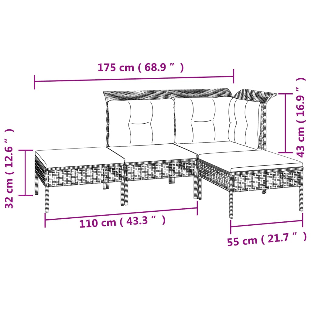 11-delige Loungeset met kussens poly rattan grijs