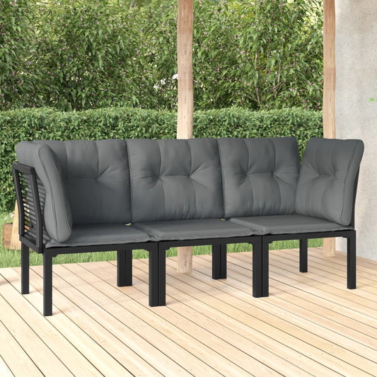 3-delige Loungeset met kussens poly rattan zwart en grijs