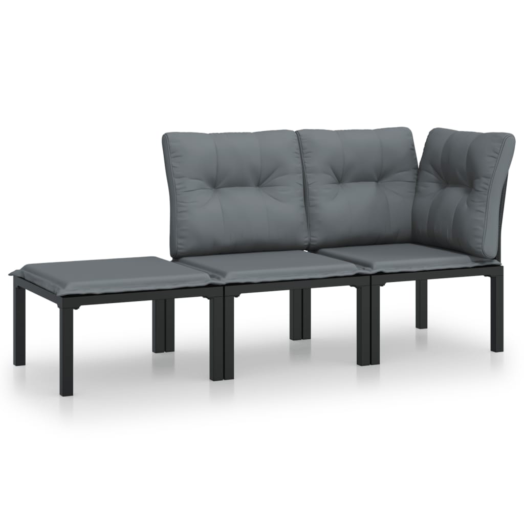 3-delige Loungeset met kussens poly rattan zwart en grijs