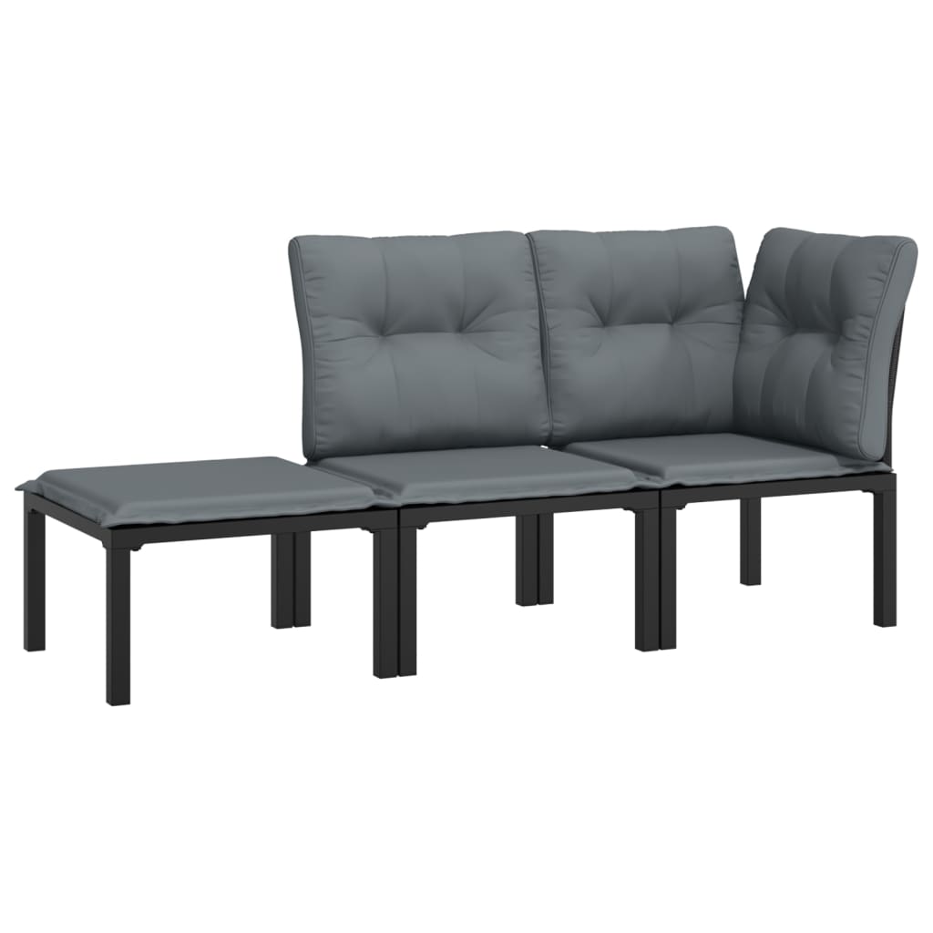 3-delige Loungeset met kussens poly rattan zwart en grijs