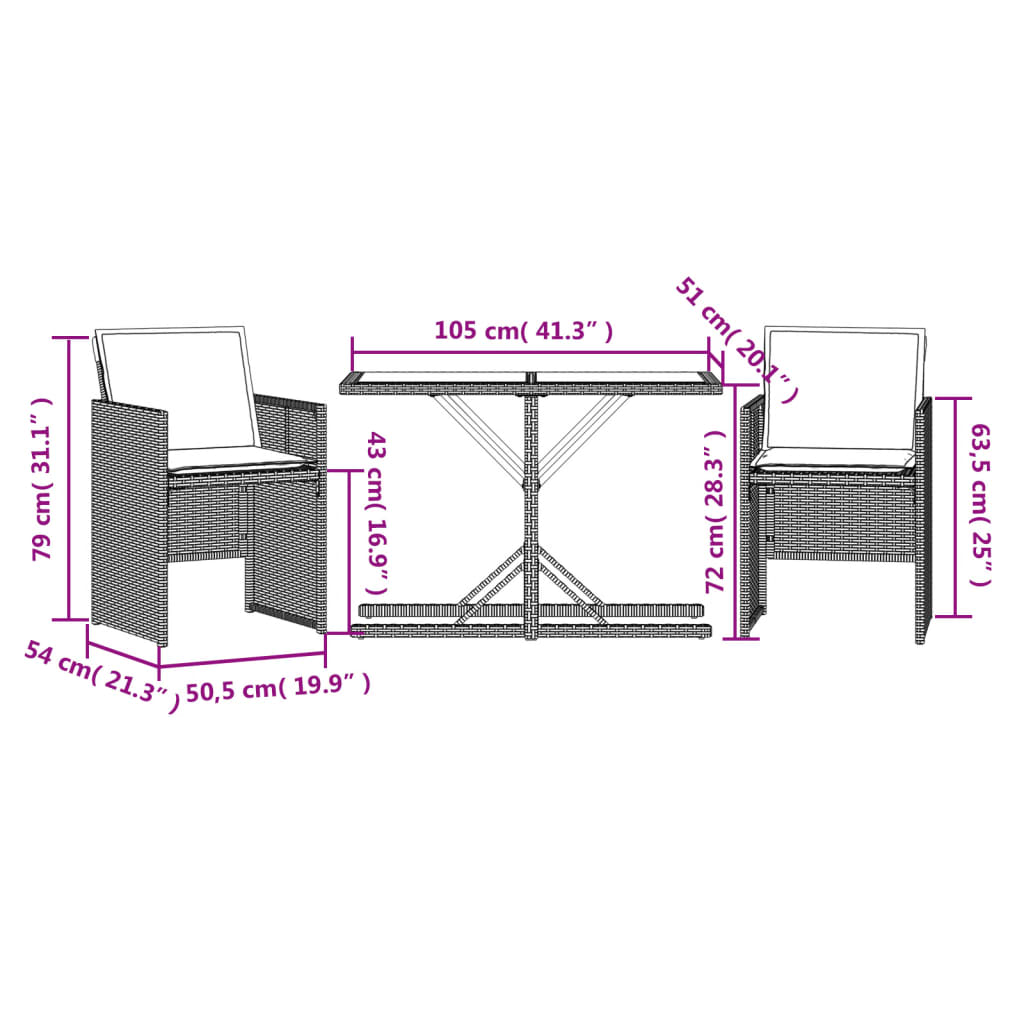 3-delige Bistroset met kussens poly rattan bruin