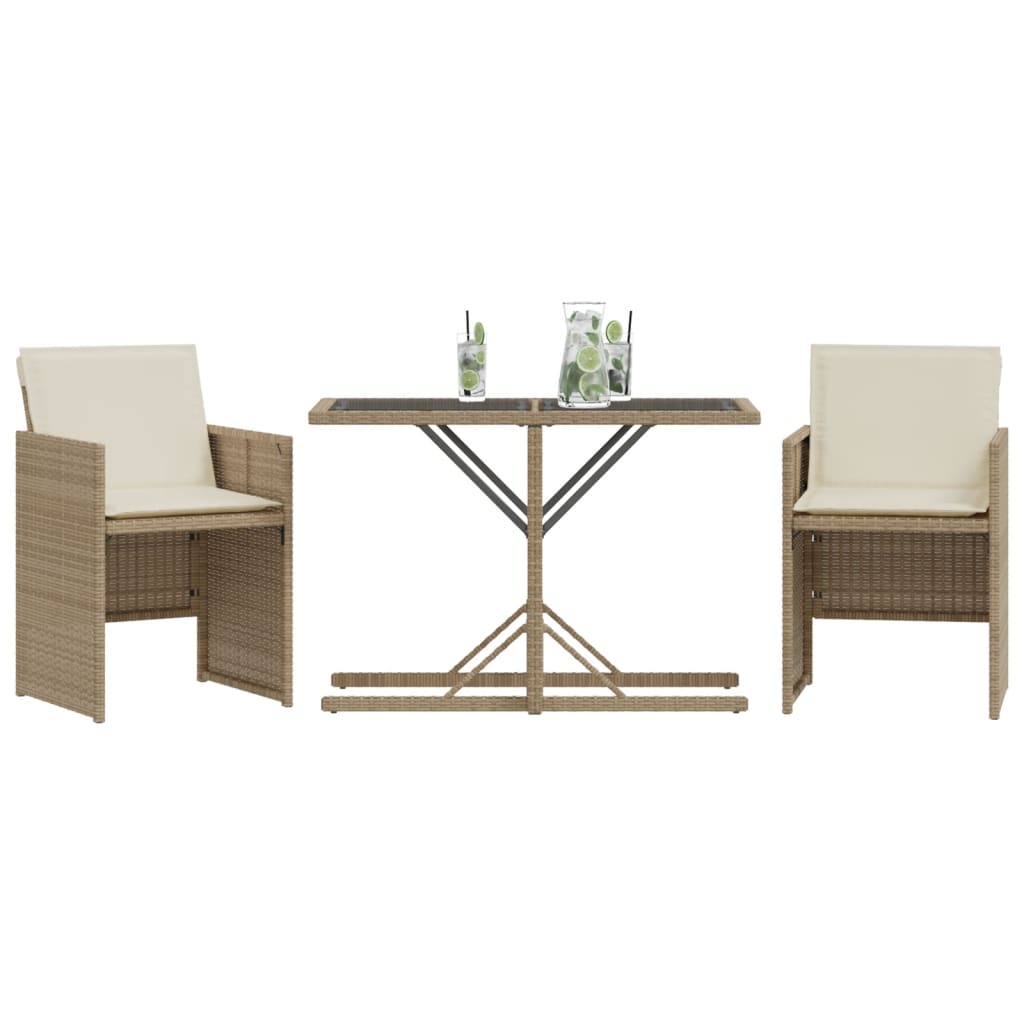 3-delige Bistroset met kussens poly rattan beige