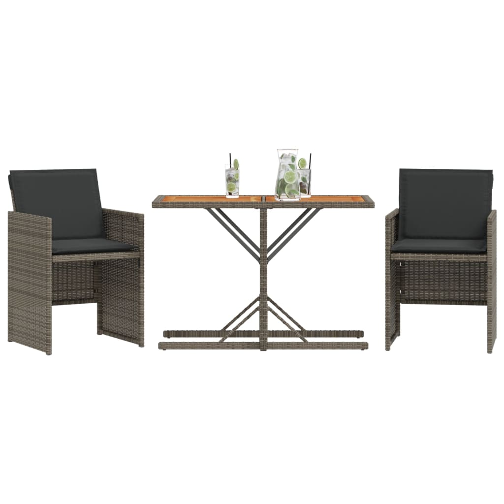 3-delige Bistroset met kussens poly rattan grijs