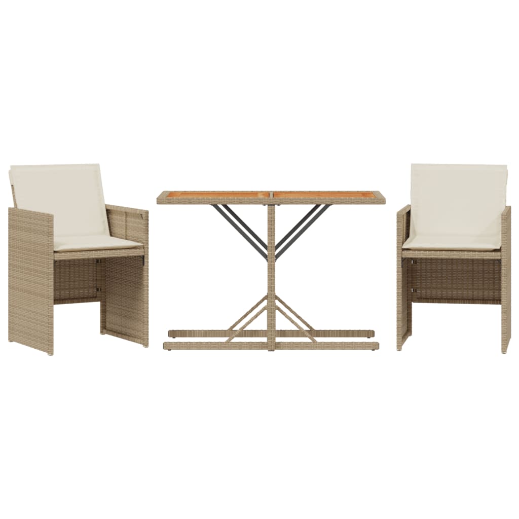 3-delige Bistroset met kussens poly rattan beige