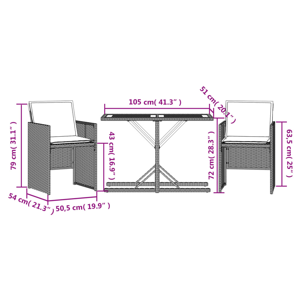 3-delige Bistroset met kussens poly rattan beige