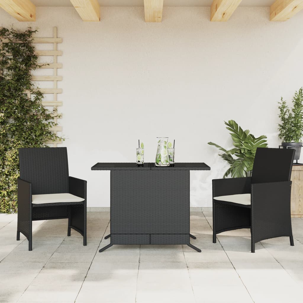 3-delige Bistroset met kussens poly rattan zwart