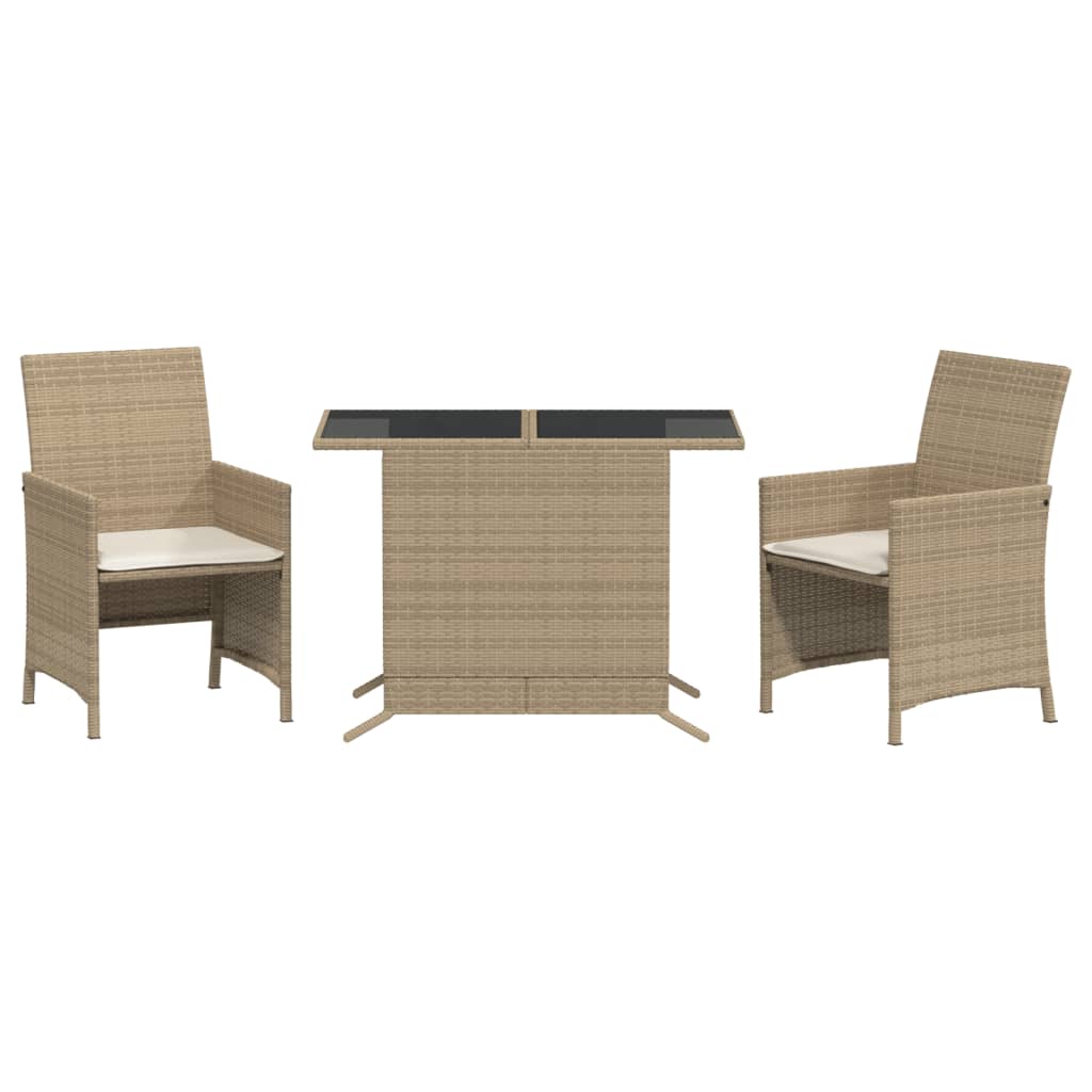 3-delige Bistroset met kussens poly rattan beige