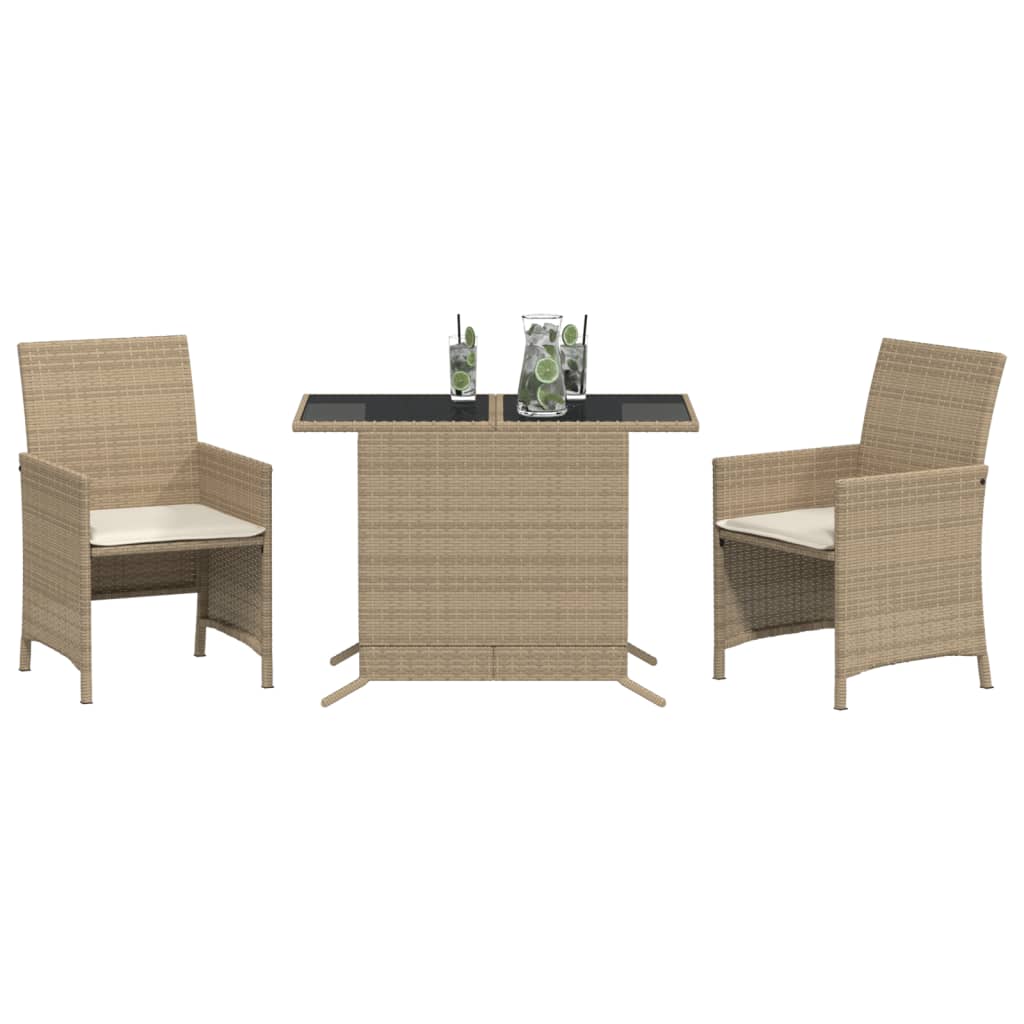 3-delige Bistroset met kussens poly rattan beige