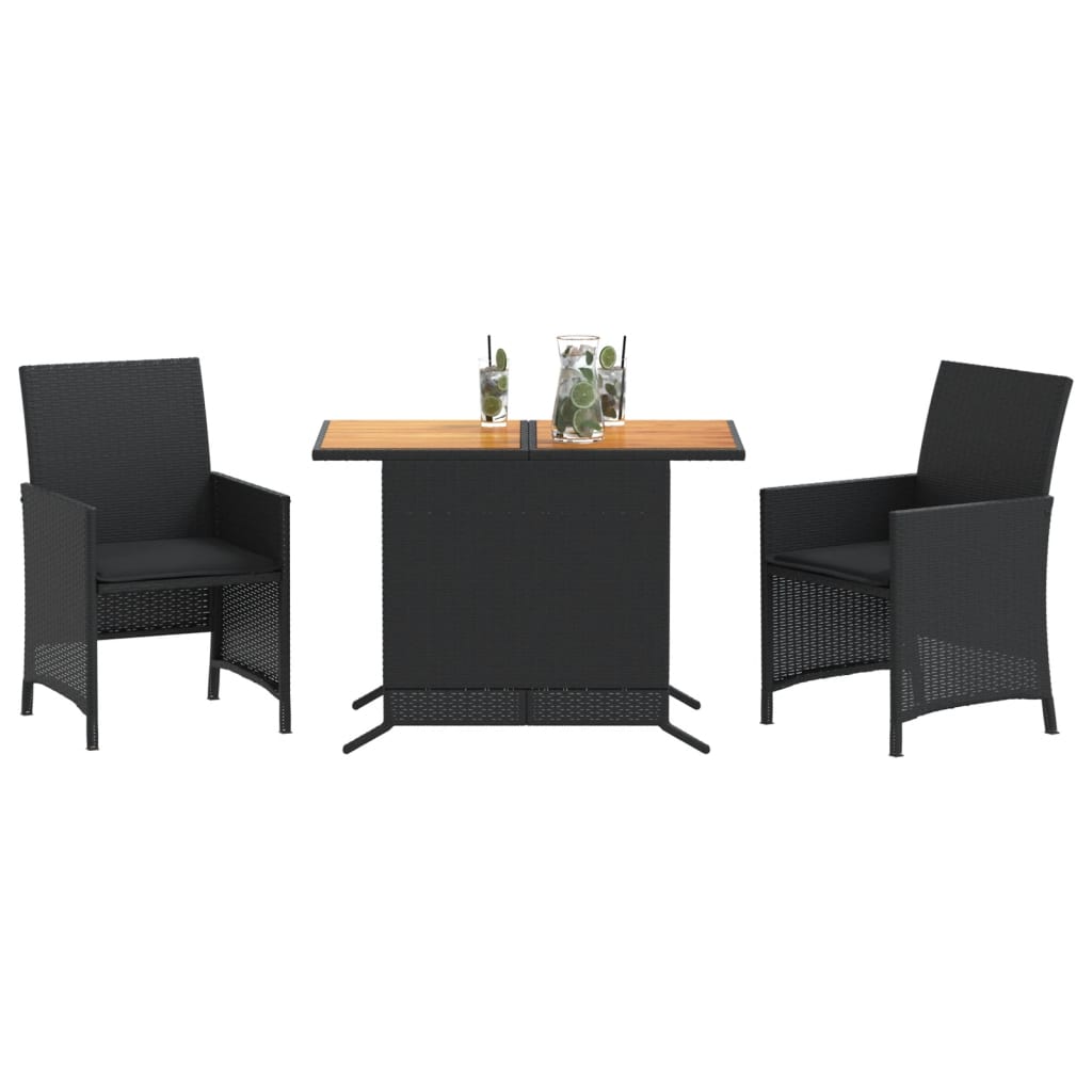 3-delige Bistroset met kussens poly rattan zwart