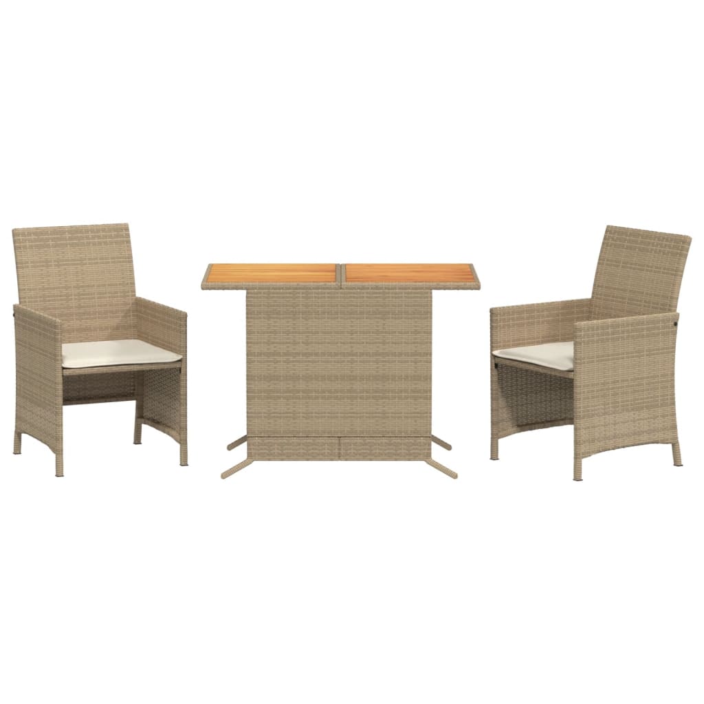 3-delige Bistroset met kussens poly rattan beige