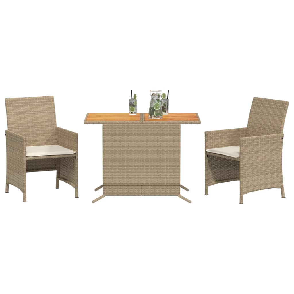 3-delige Bistroset met kussens poly rattan beige