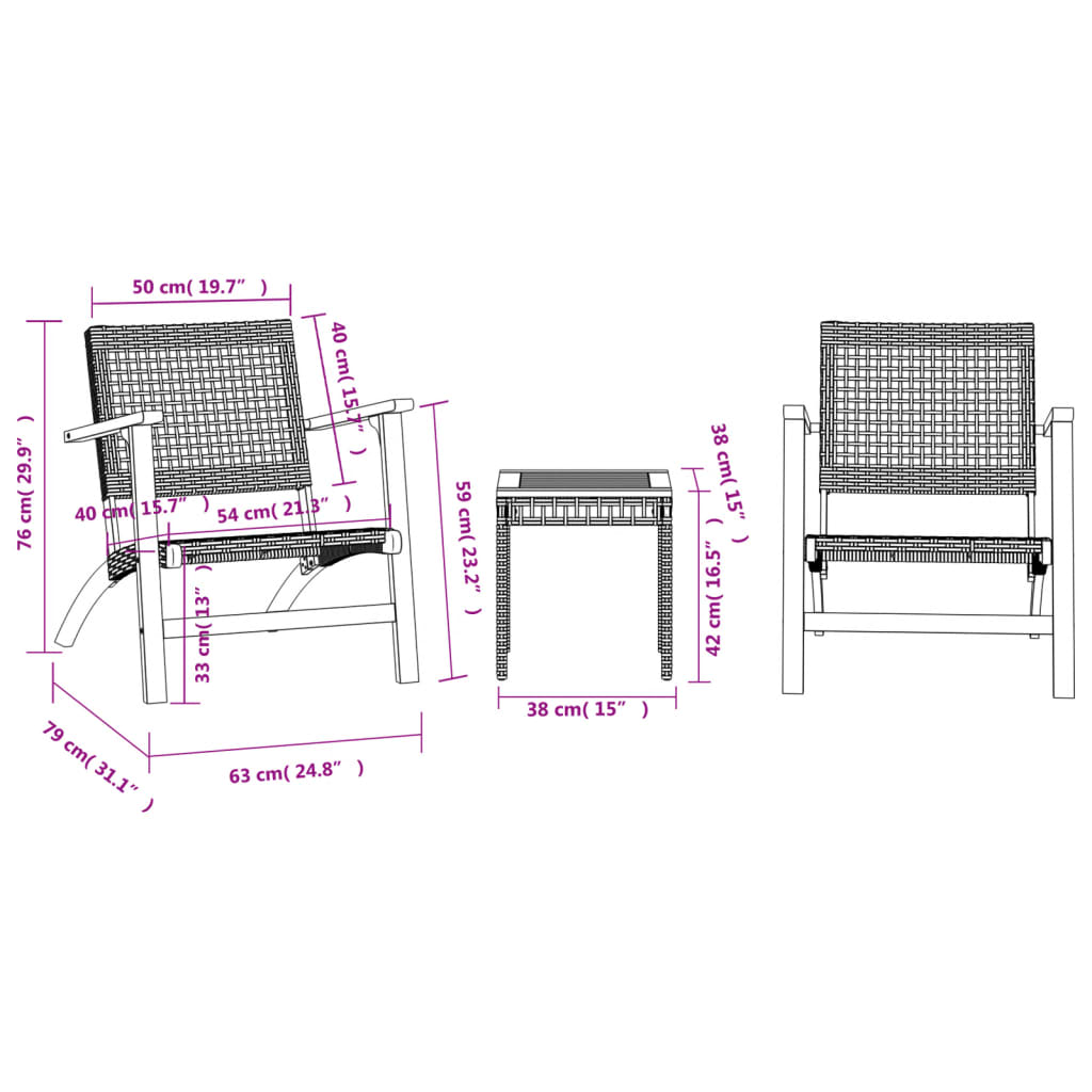 3-delige Bistroset poly rattan en massief acaciahout zwart