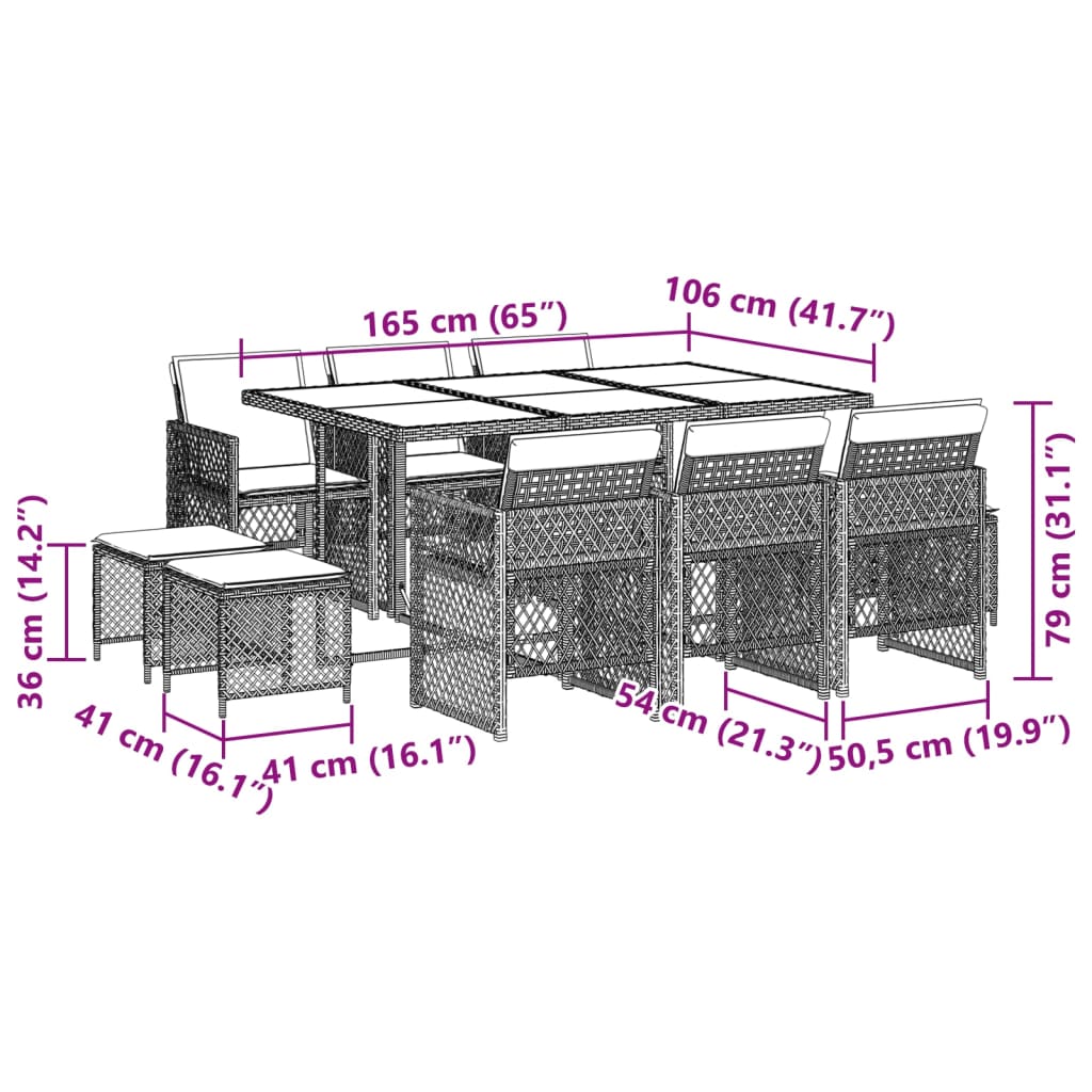 11-delige Tuinset met kussens poly rattan zwart