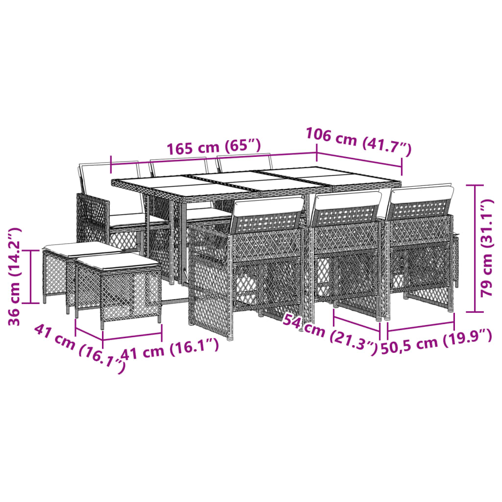 11-delige Tuinset met kussens poly rattan grijs