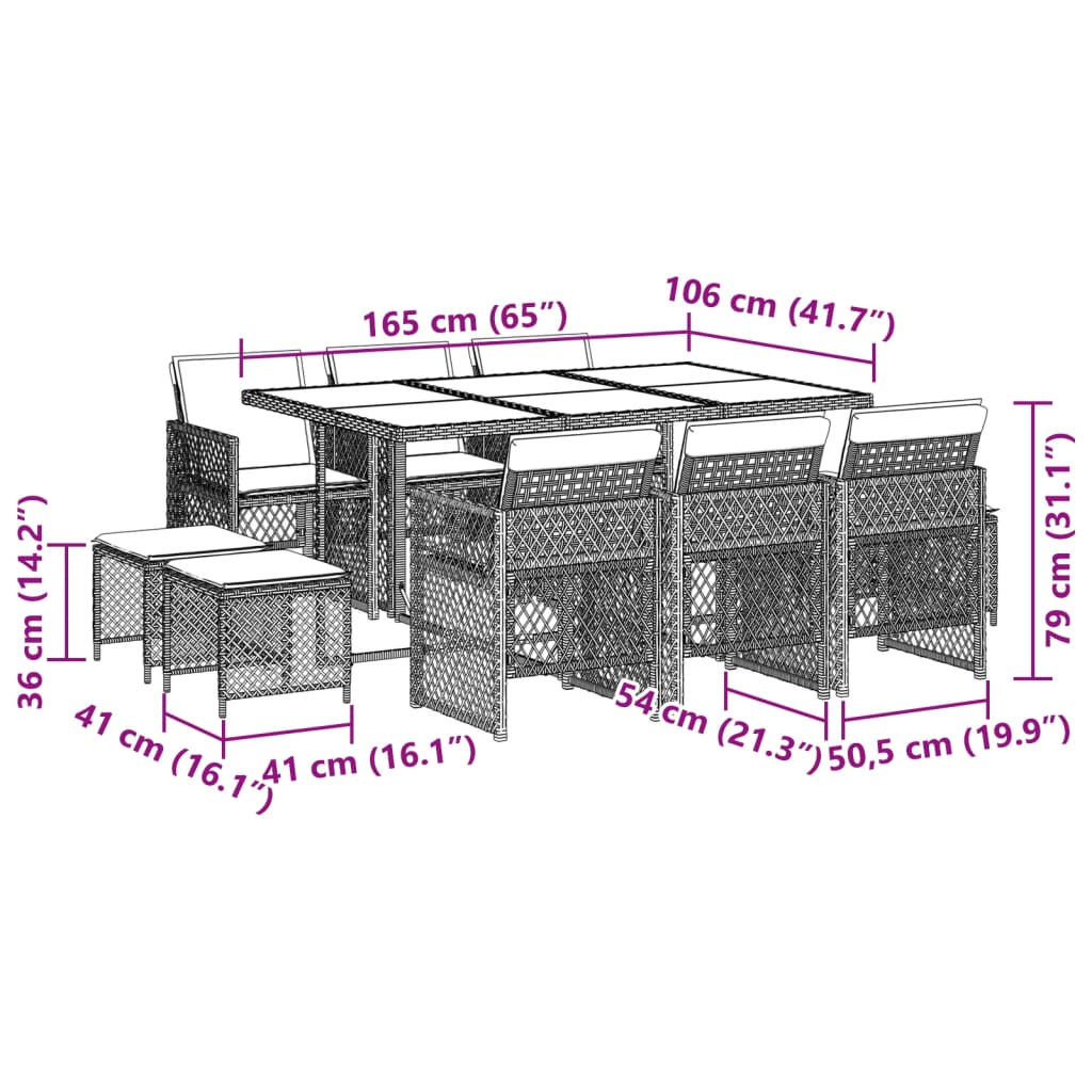 11-delige Tuinset met kussens poly rattan lichtgrijs