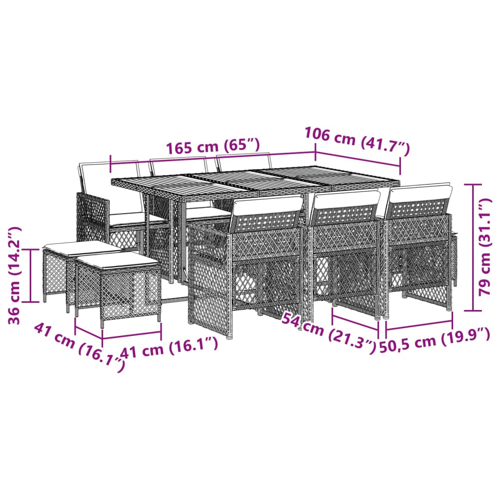 11-delige Tuinset met kussens poly rattan zwart