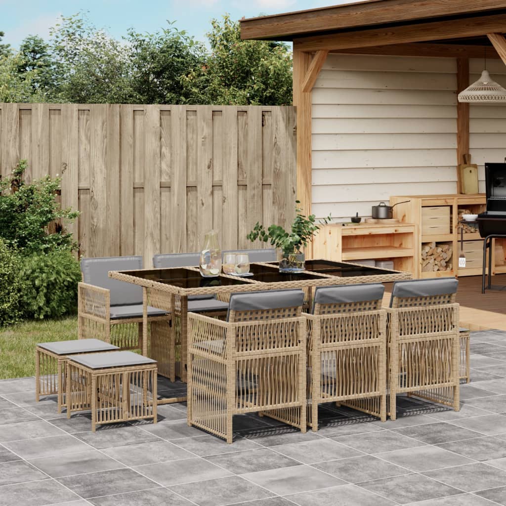 11-delige Tuinset met kussens poly rattan gemengd beige