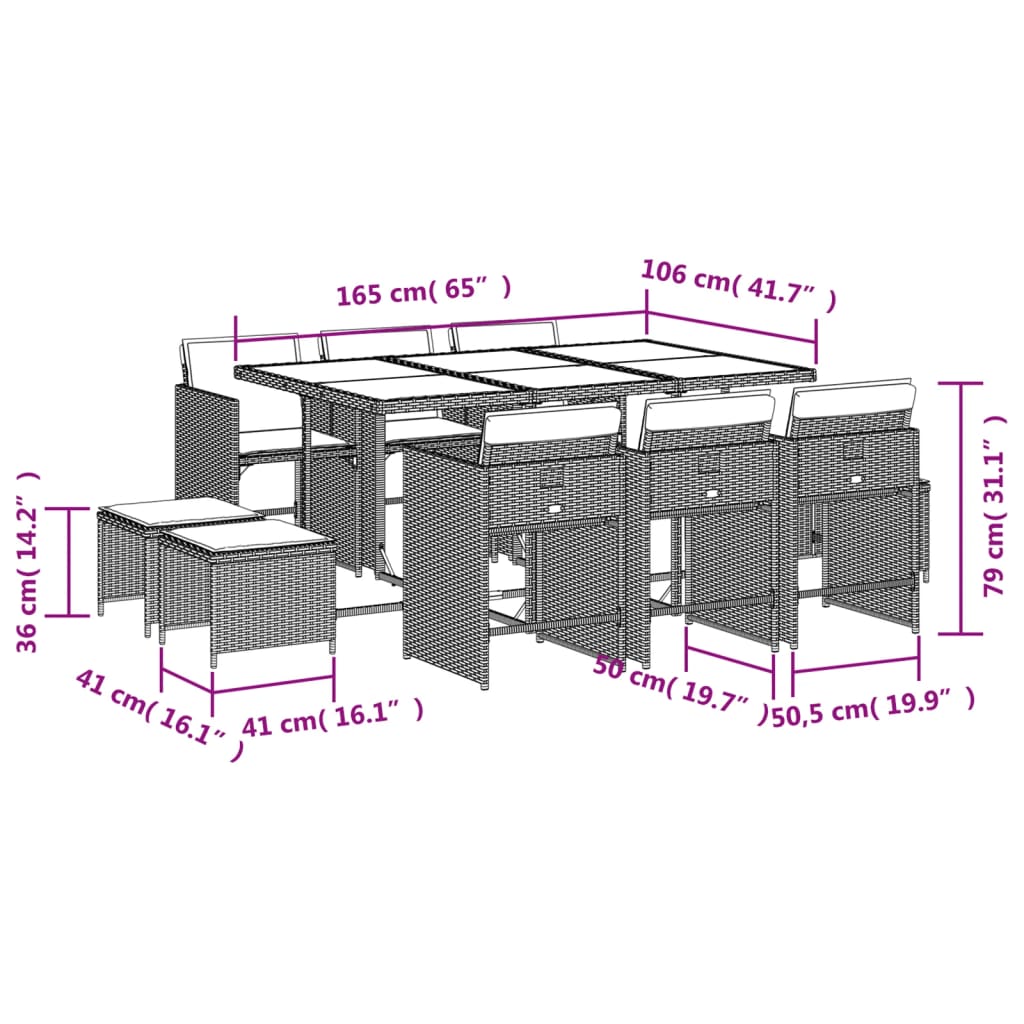 11-delige Tuinset met kussens poly rattan bruin