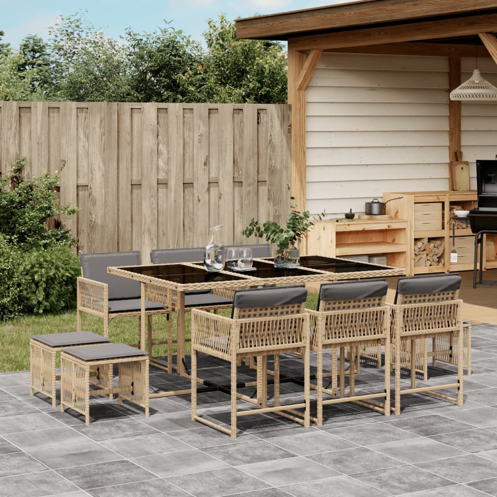 11-delige Tuinset met kussens poly rattan gemengd beige