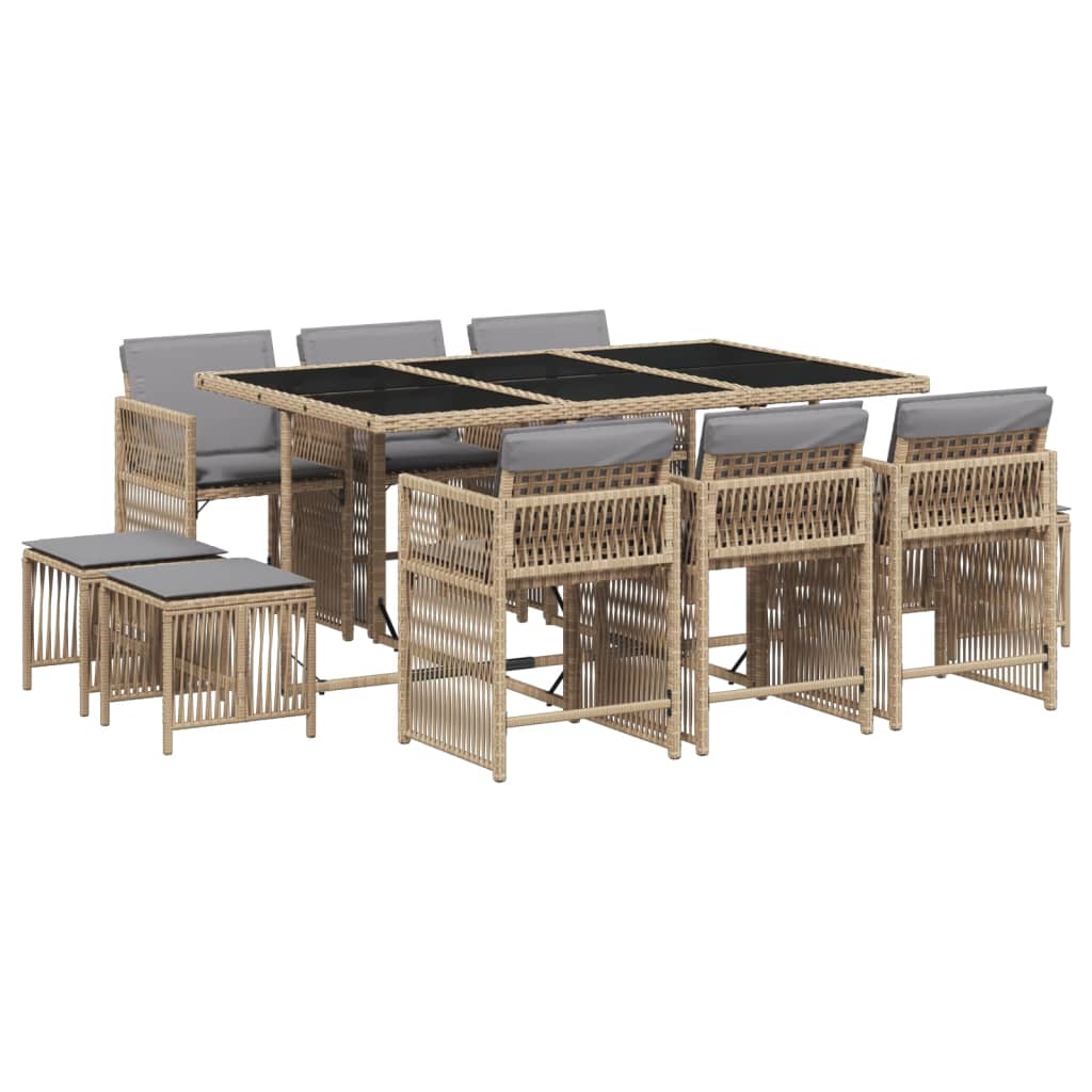 11-delige Tuinset met kussens poly rattan gemengd beige