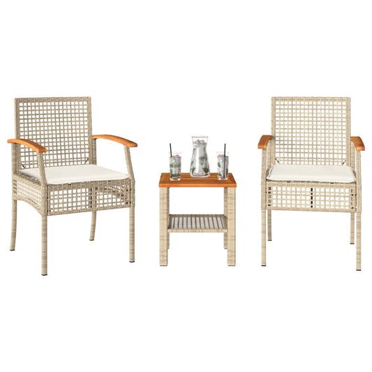 3-delige Bistroset met kussens poly rattan en acaciahout beige