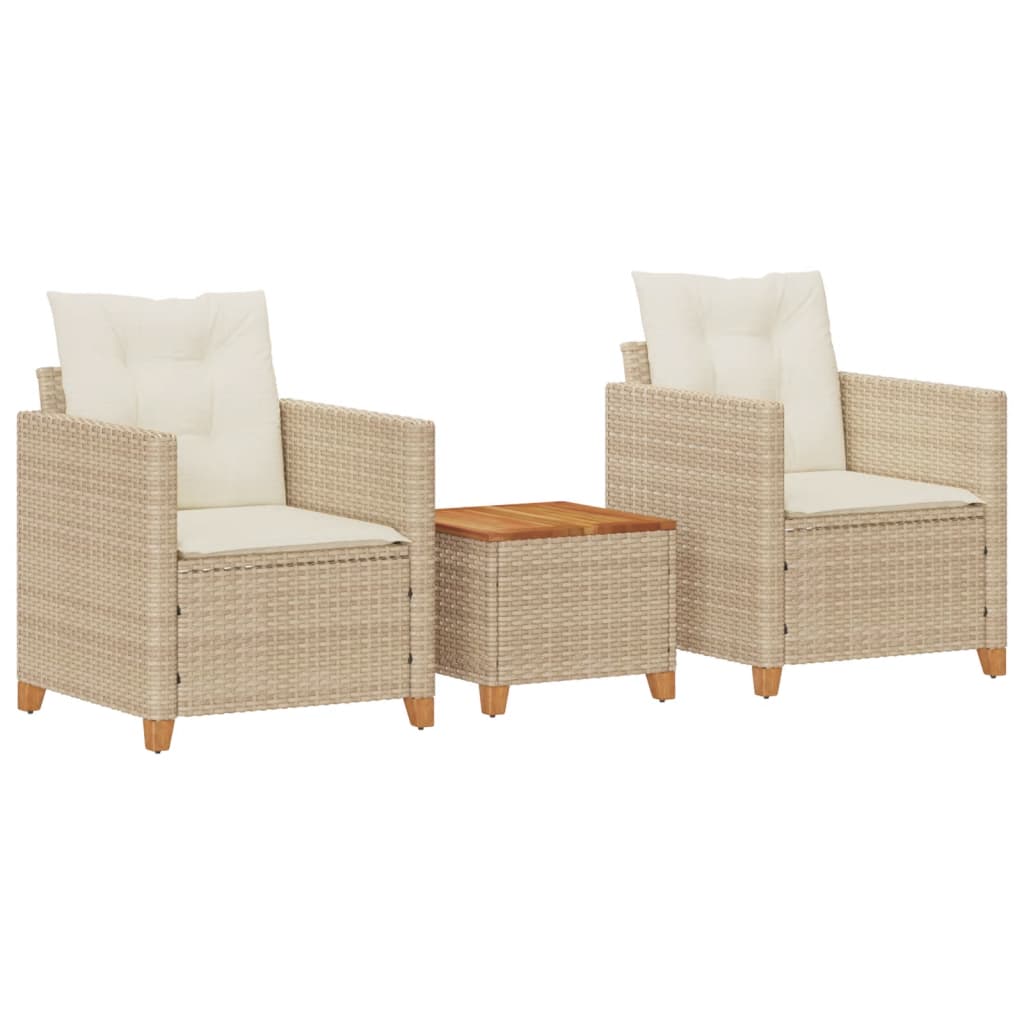 3-delige Bistroset met kussens poly rattan en acaciahout beige