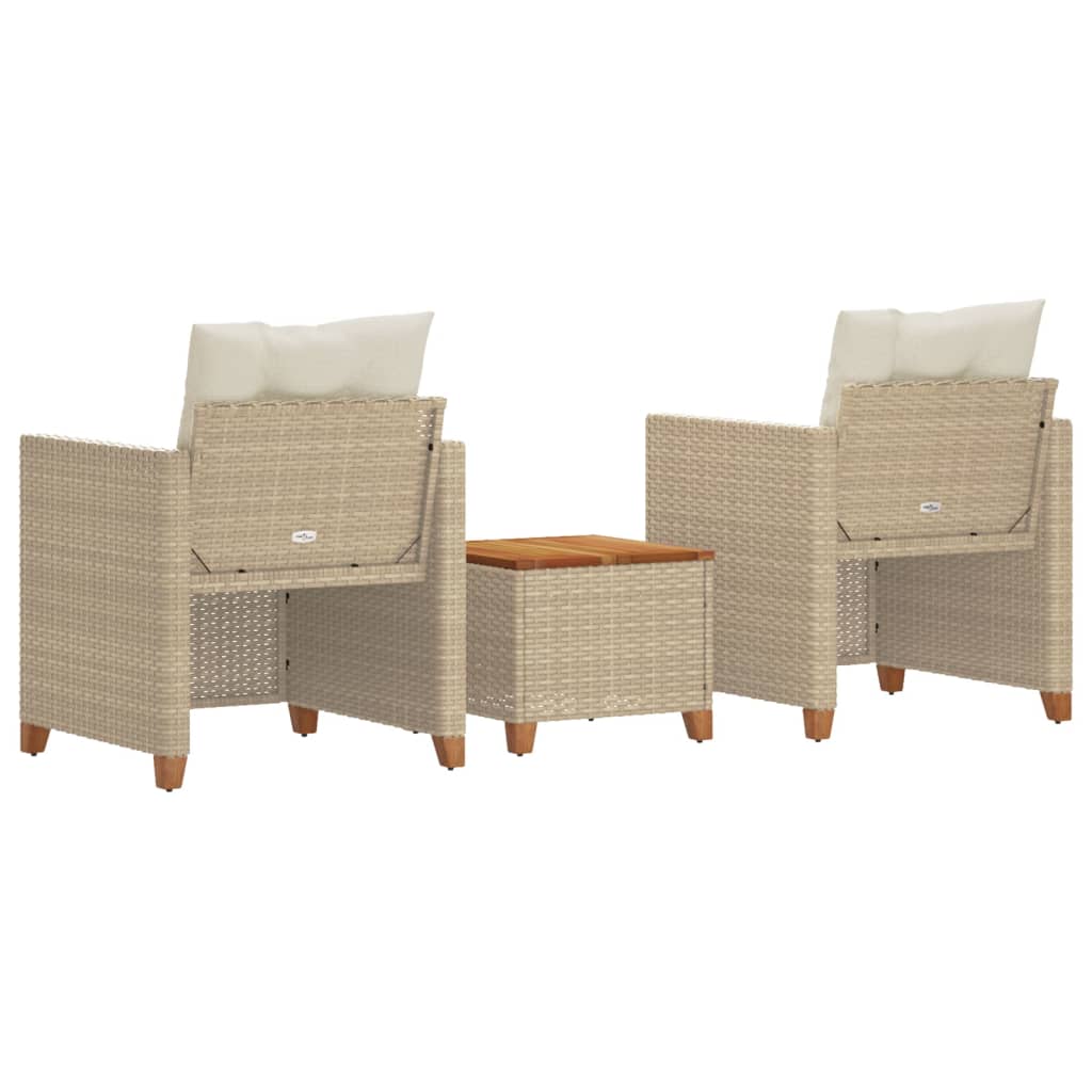 3-delige Bistroset met kussens poly rattan en acaciahout beige