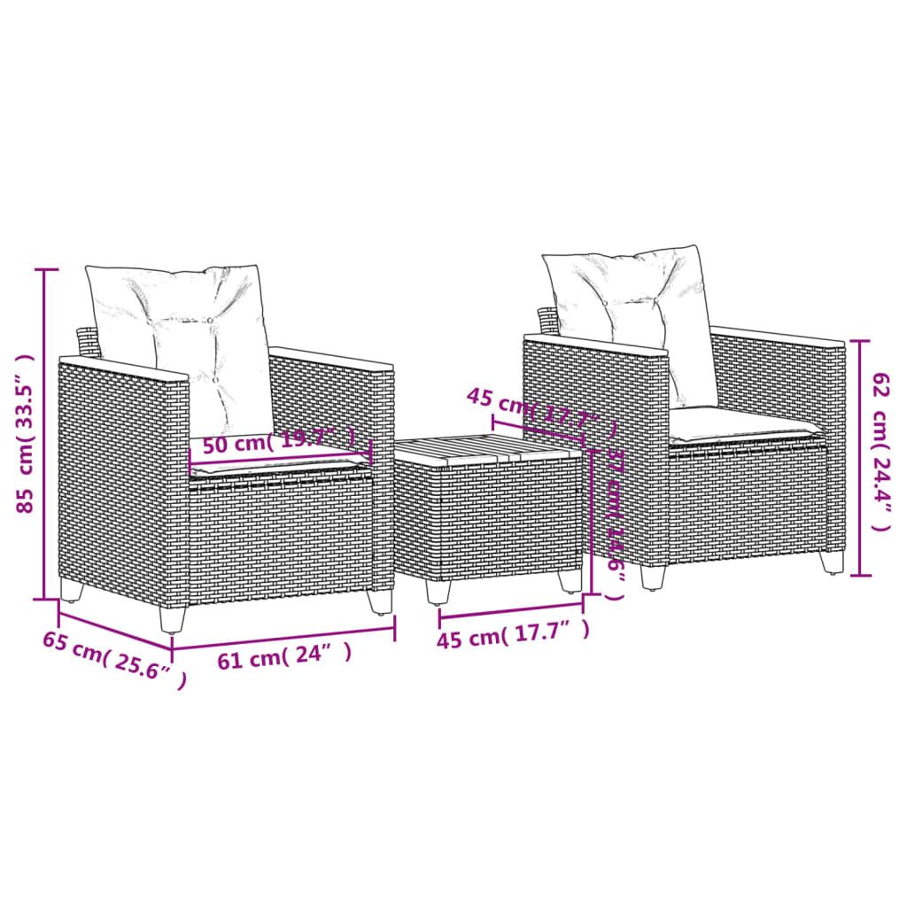 3-delige Bistroset met kussens poly rattan en acaciahout grijs