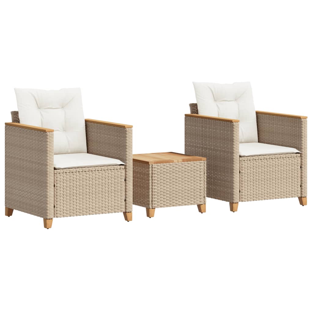 3-delige Bistroset met kussens poly rattan en acaciahout beige