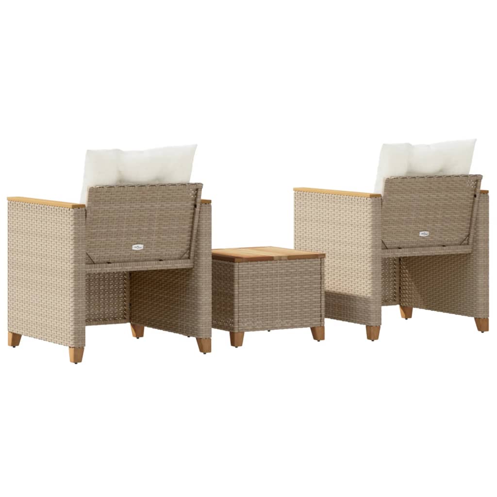 3-delige Bistroset met kussens poly rattan en acaciahout beige