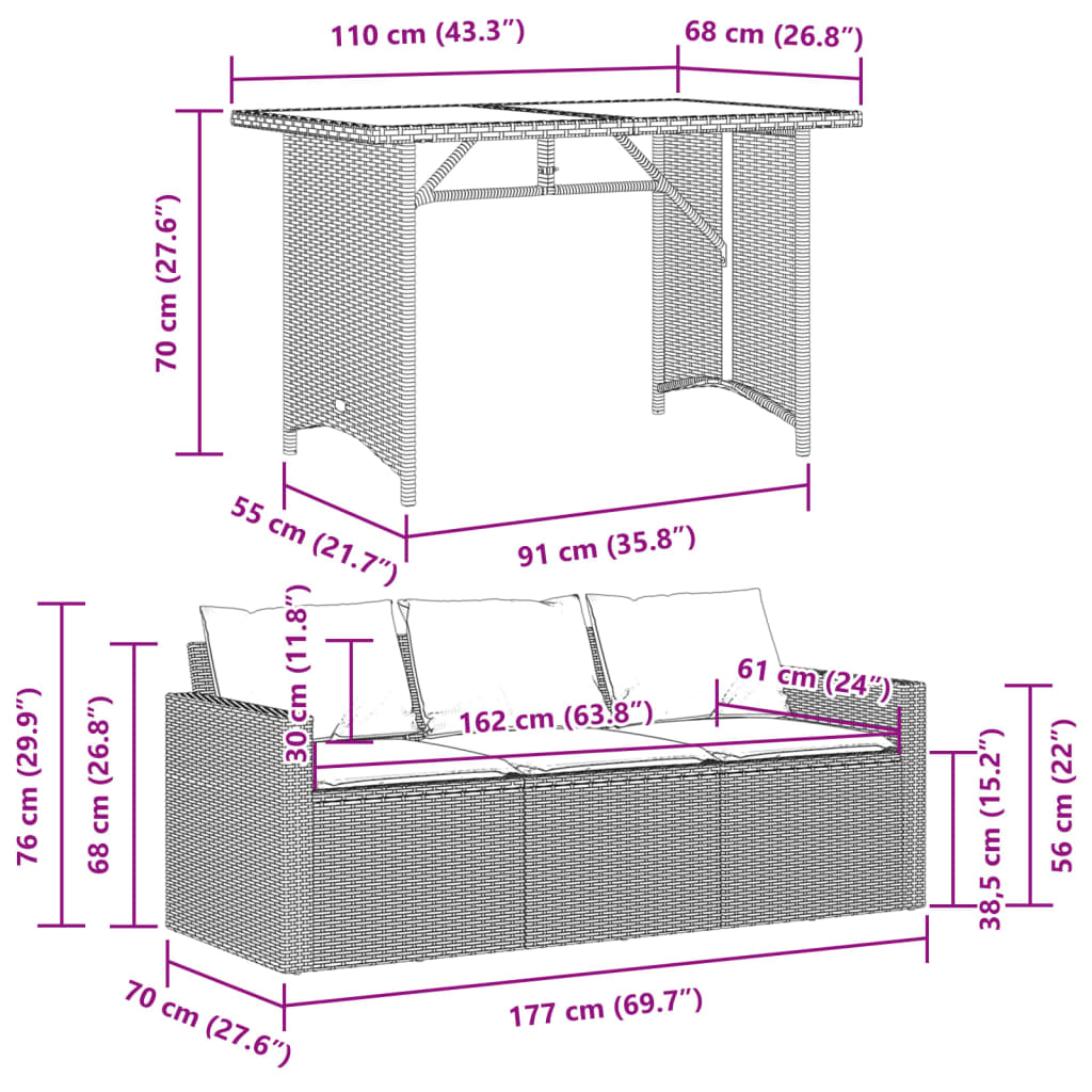 2-delige Tuinset met kussens poly rattan grijs