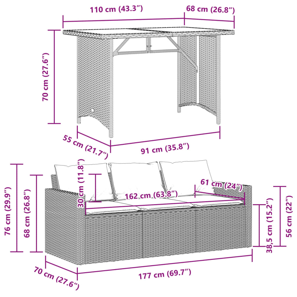 2-delige Tuinset met kussens poly rattan zwart