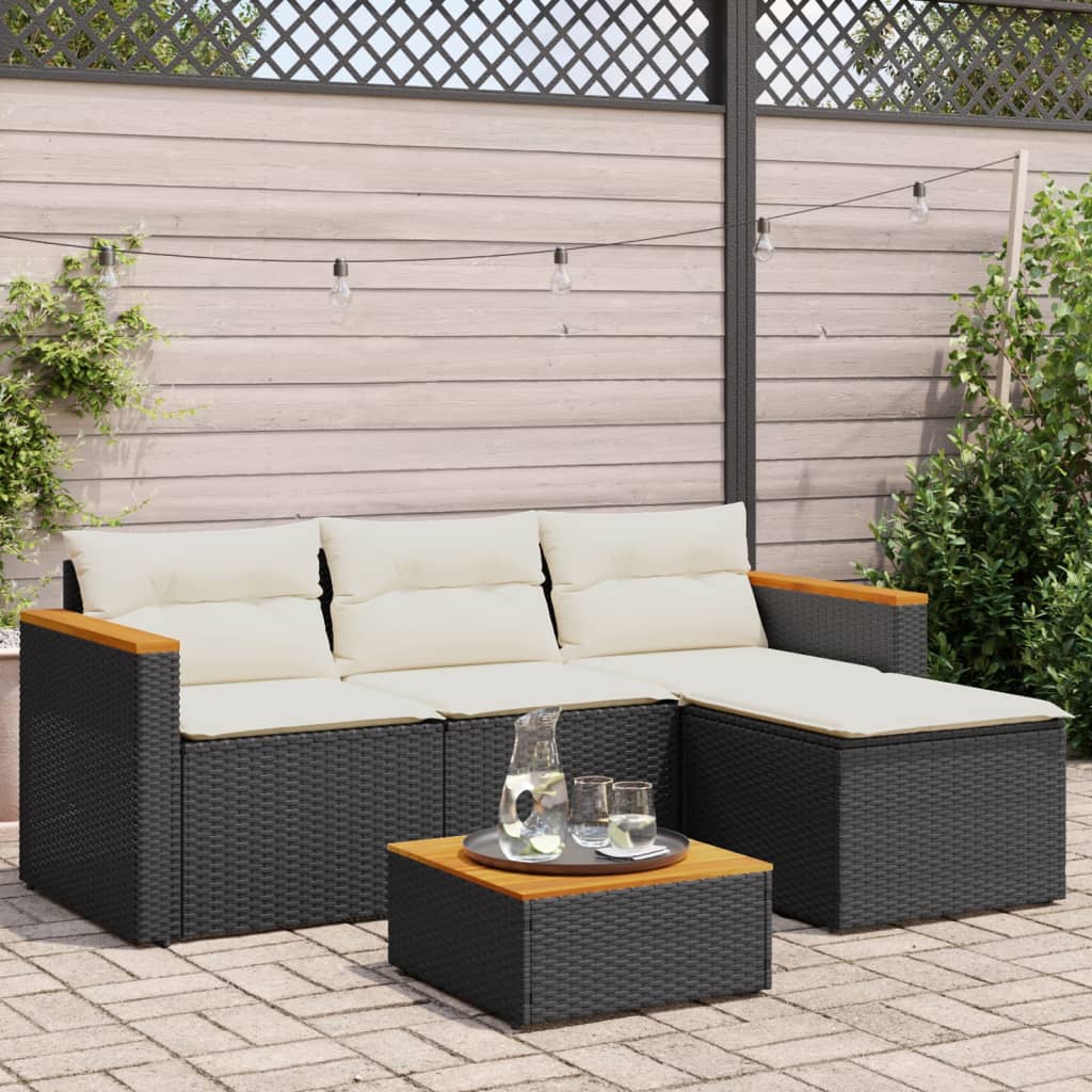 3-delige Loungeset met kussens poly rattan zwart