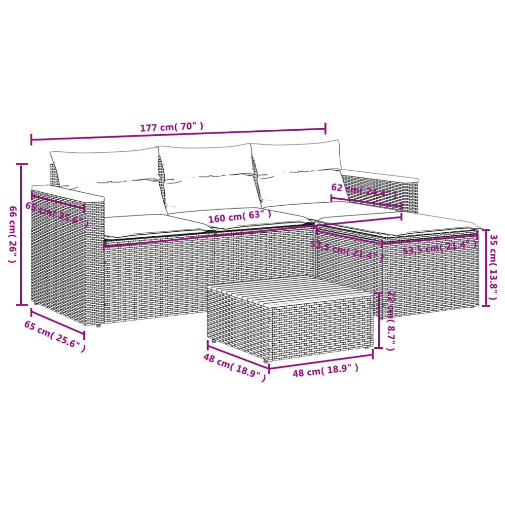 3-delige Loungeset met kussens poly rattan zwart