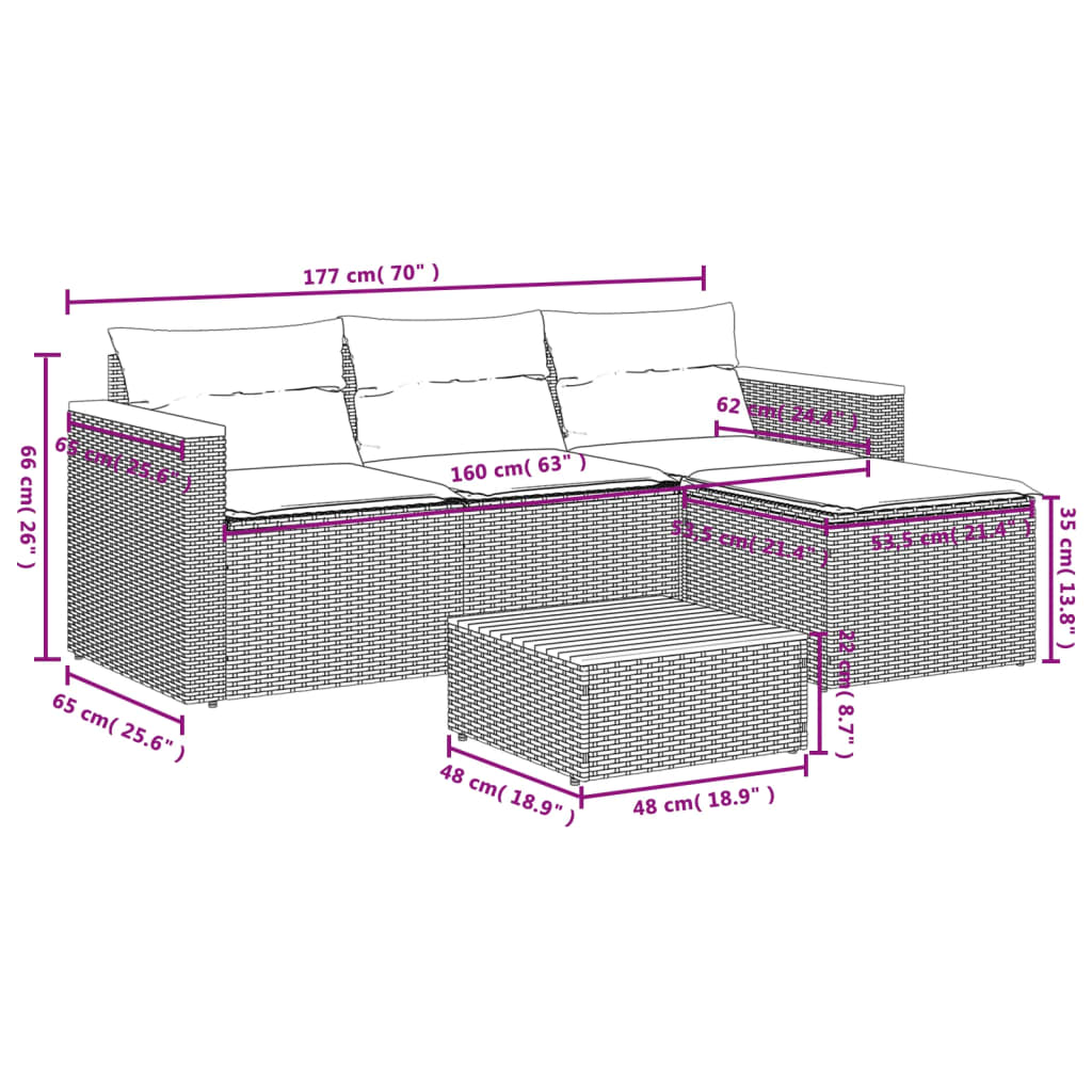 3-delige Loungeset met kussens poly rattan grijs