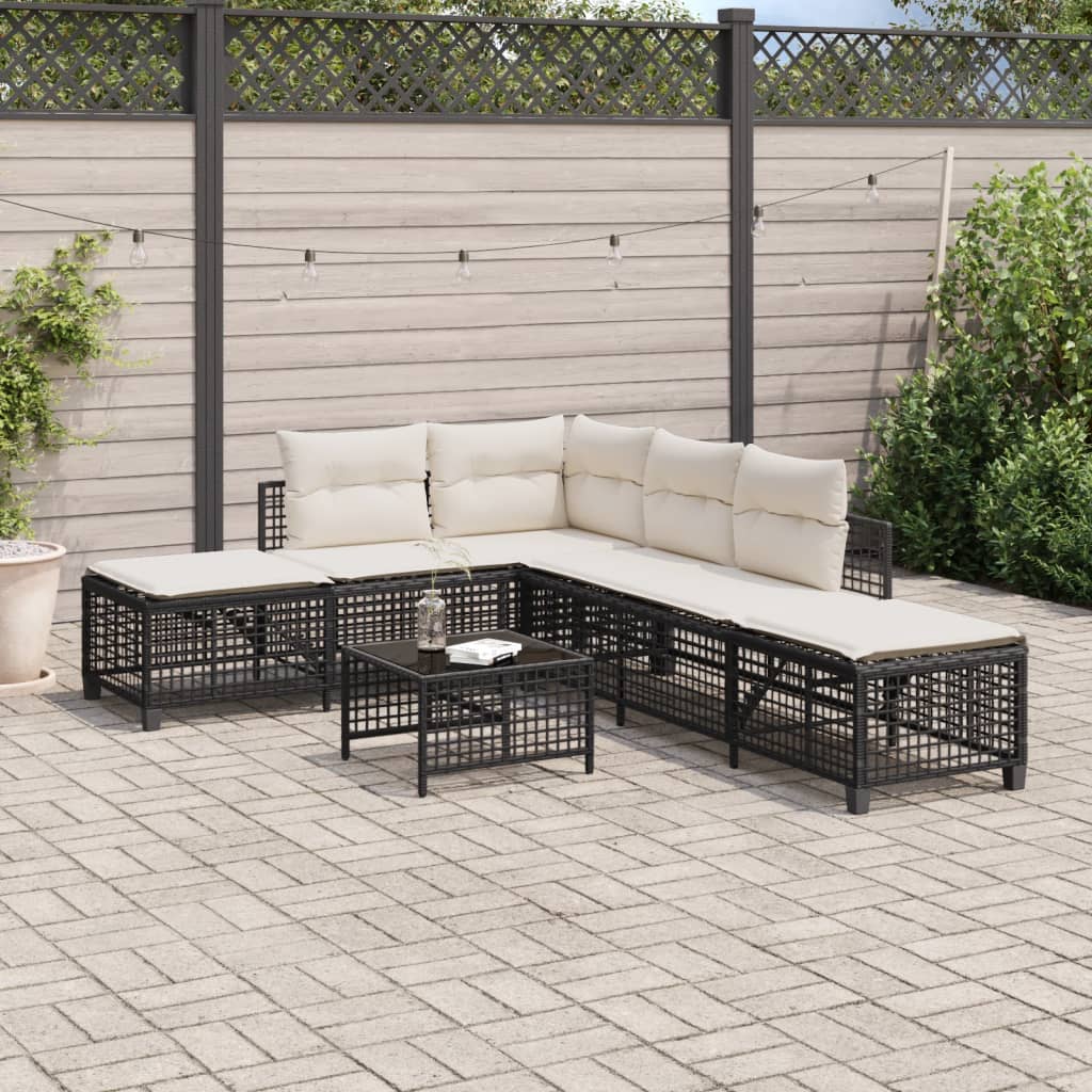 3-delige Loungeset met kussens poly rattan zwart