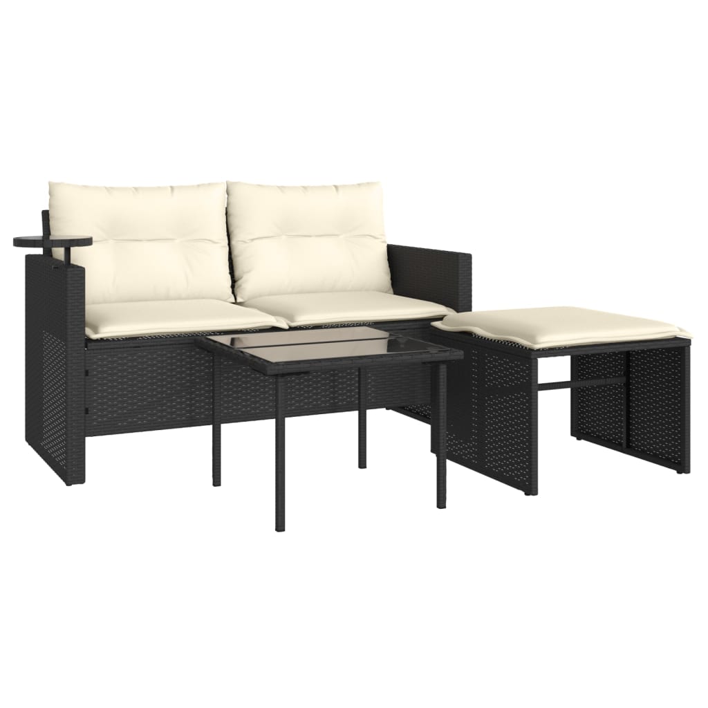 3-delige Loungeset met kussens poly rattan zwart