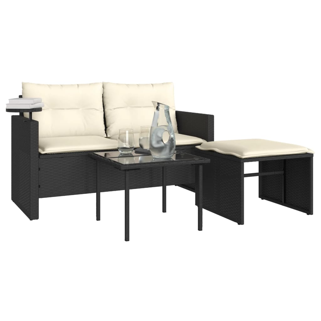 3-delige Loungeset met kussens poly rattan zwart