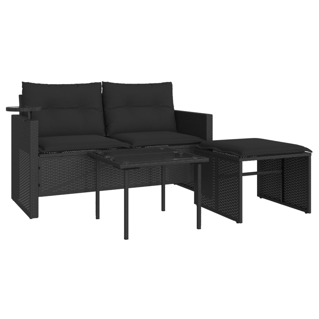 3-delige Loungeset met kussens poly rattan zwart